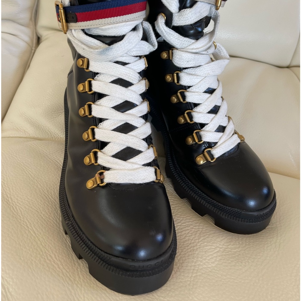 Gucci calfskin Sylvia web lace up combat boots - Picture 2 of 12